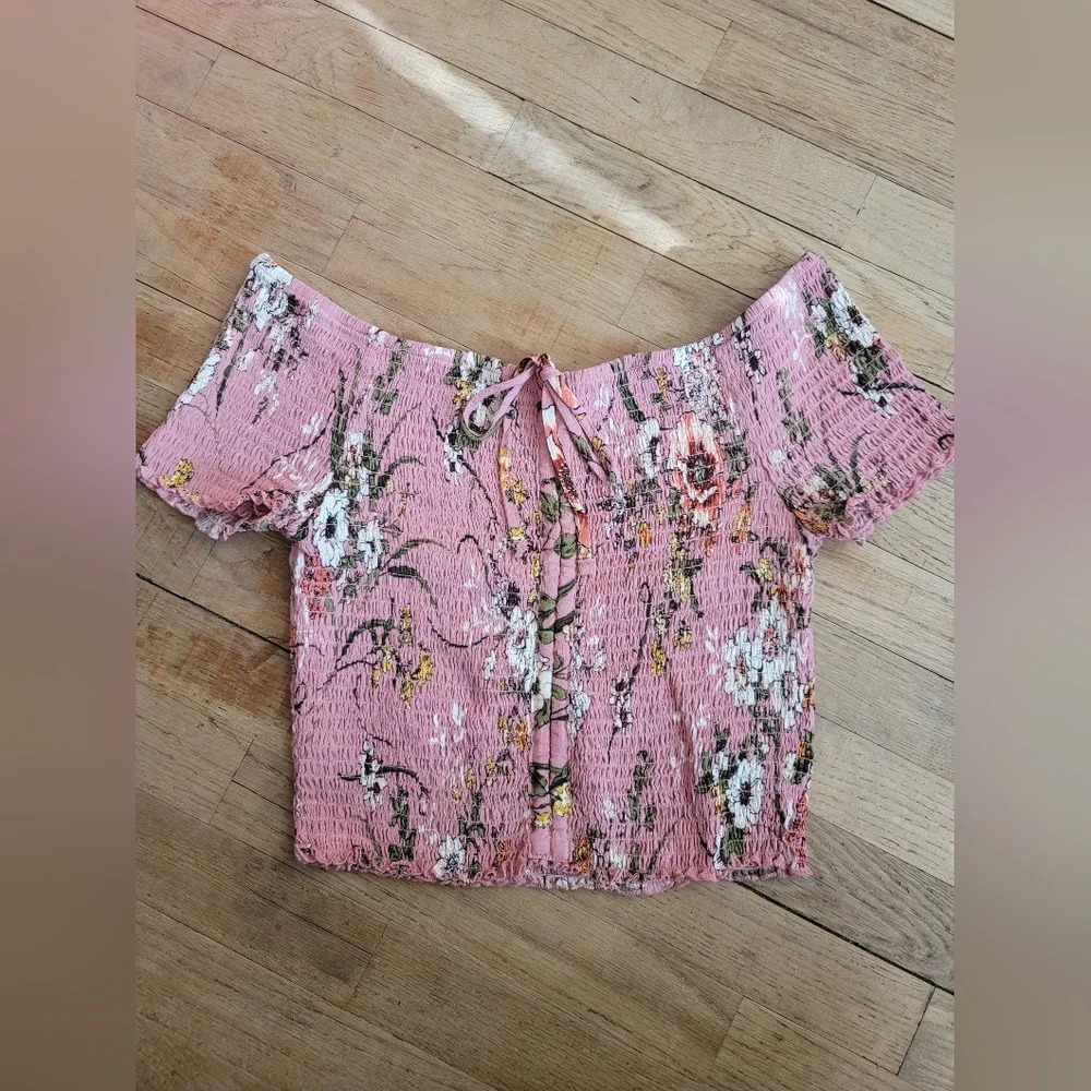 Ten Sixty Sherman, Pink Floral Cinched Off the Shoulder Cropped Top, Size Large